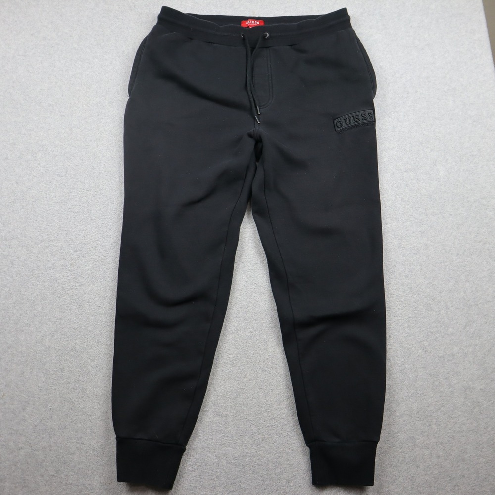 Guess Jogger Pants Mens Medium Black Logo Sweatpants Fleece Drawstring Lounge